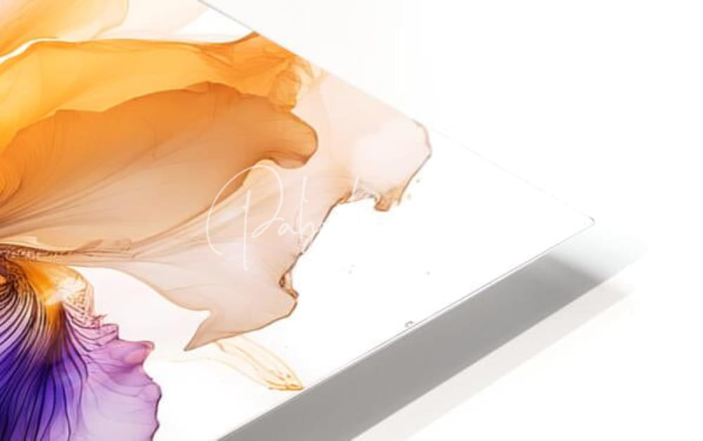 A sleek white tablet displaying the iris golden petals design with vibrant orange and purple floral hues