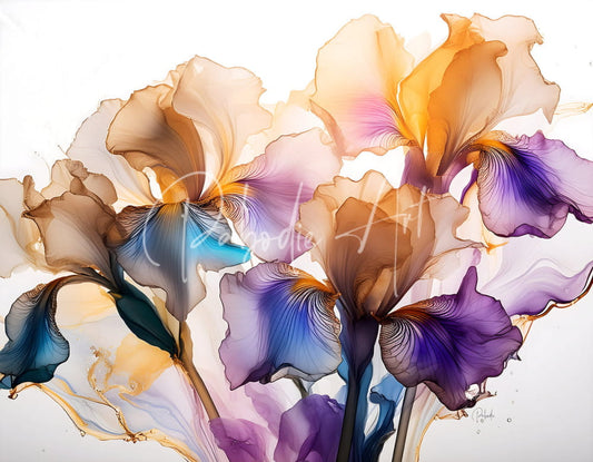 A vibrant abstract painting titled iris golden petals featuring irises with flowing translucent petals in purple blue orange and beige