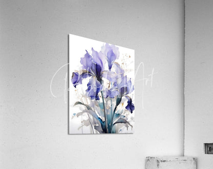 A rectangular acrylic print titled irises ink wash featuring a watercolor painting of purple and blue irises with white accents