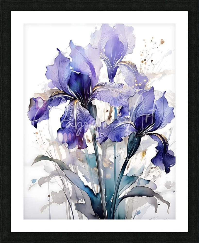 A framed watercolor painting titled Irises Ink Wash featuring vibrant purple and blue irises with gold splashes