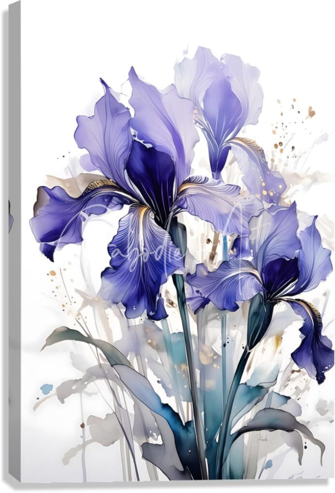 A vibrant purple and blue iris flower painting on a white canvas titled irises ink wash