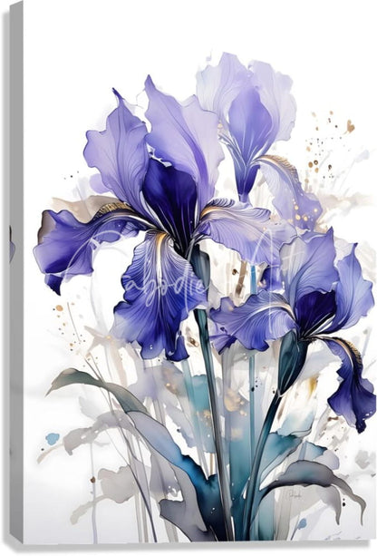 A vibrant purple and blue iris flower painting on a white canvas titled irises ink wash