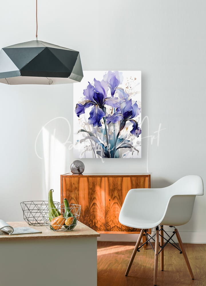 A vibrant watercolor painting of purple irises with blue and white accents displayed on a white wall titled Irises Ink Wash