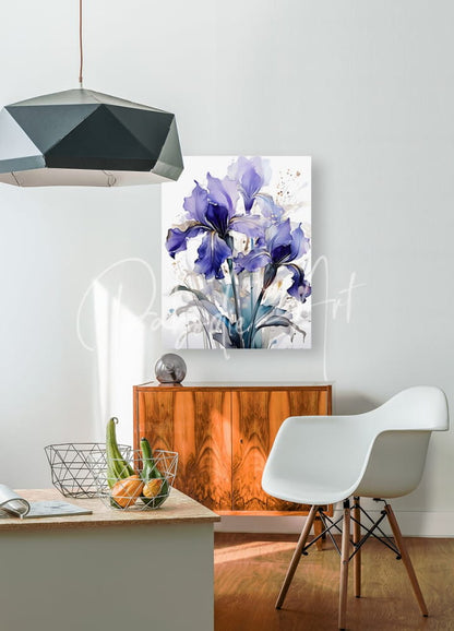 A vibrant watercolor painting of purple irises with blue and white accents displayed on a white wall titled Irises Ink Wash