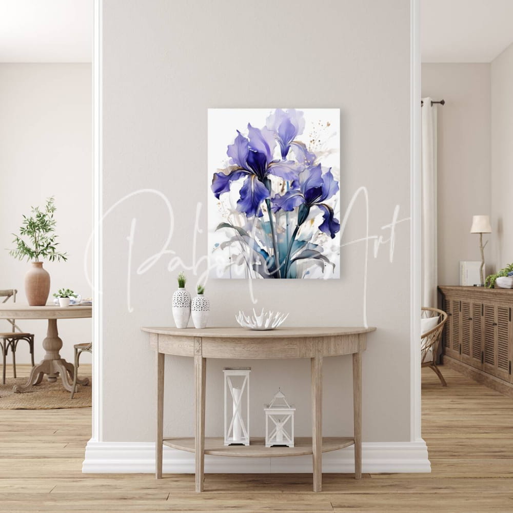 A vibrant watercolor painting of purple irises with blue and white accents titled irises ink wash on a light wall