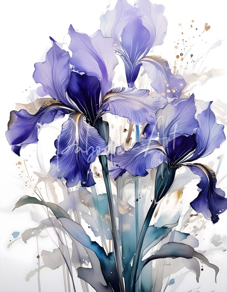 A vibrant watercolor painting of purple irises with delicate petals and green stems in irises ink wash