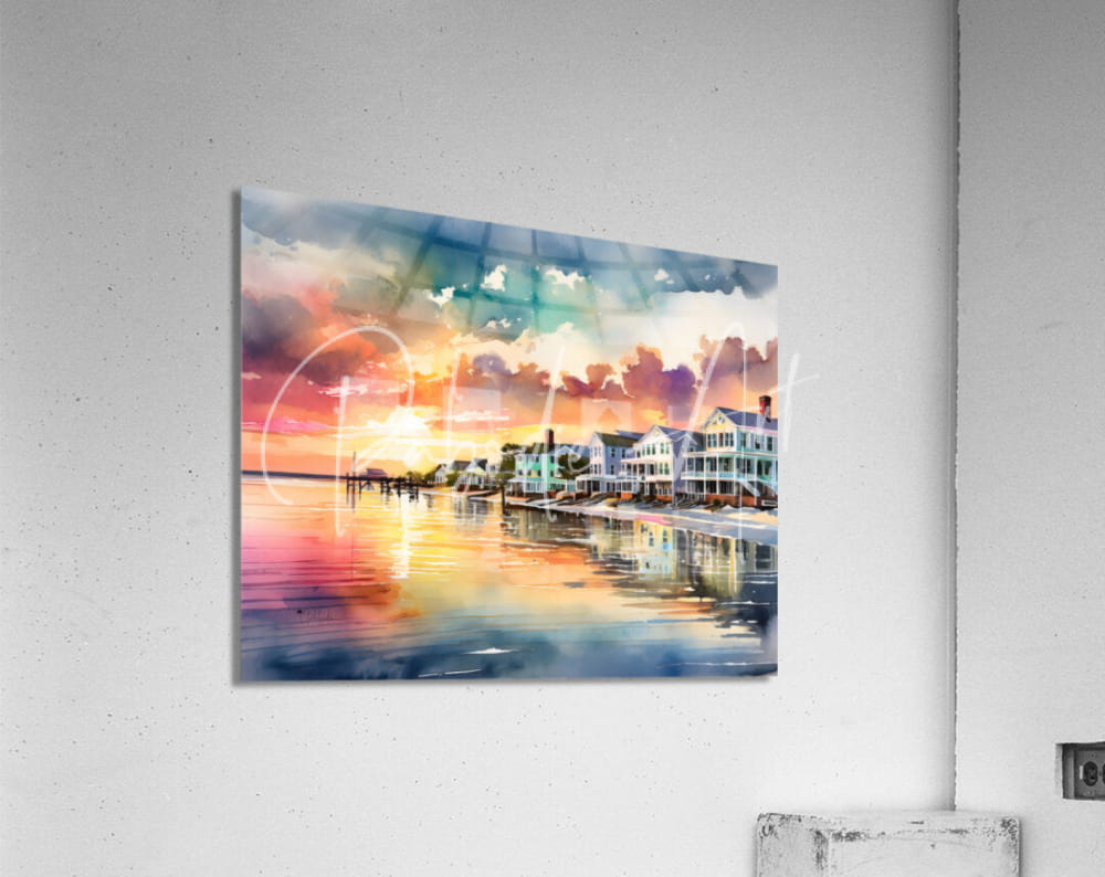 Watercolor print of island time sunrise coastal sunset with pastel houses on reflective water mounted on acrylic panel