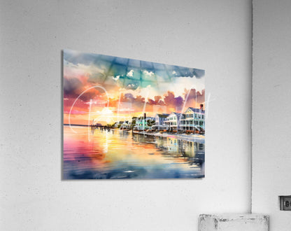 Watercolor print of island time sunrise coastal sunset with pastel houses on reflective water mounted on acrylic panel
