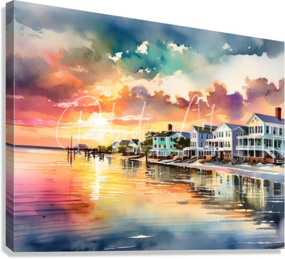 Watercolor canvas painting island time sunrise featuring coastal town with vibrant orange and pink skies reflecting calm water