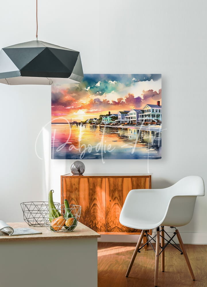 Watercolor painting island time sunrise with vibrant orange pink and purple coastal sunset reflecting on calm water