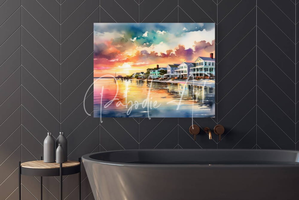 Watercolor painting titled island time sunrise of coastal sunset with vibrant clouds and pastel houses reflected in water