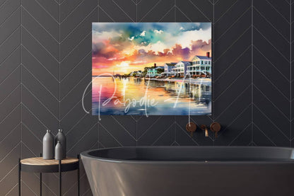 Watercolor painting titled island time sunrise of coastal sunset with vibrant clouds and pastel houses reflected in water