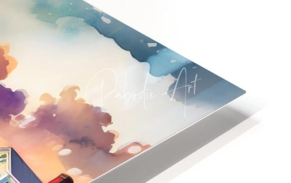 A rectangular acrylic print titled Island Time Sunrise featuring a soft watercolor sky with blue purple and orange clouds