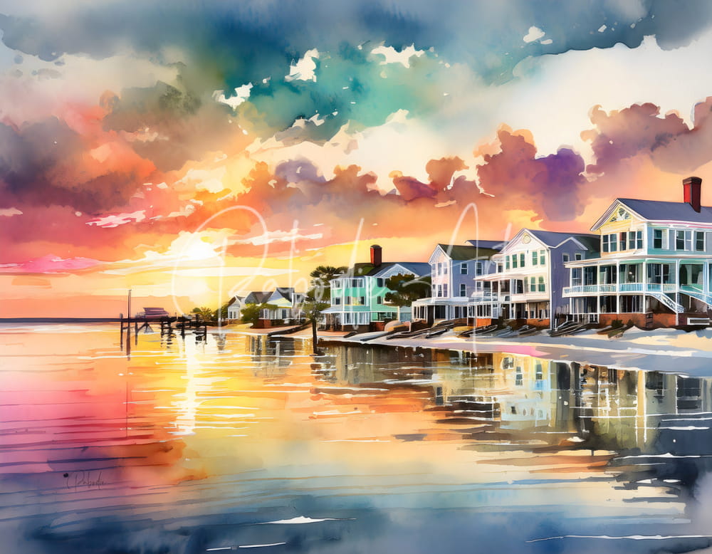 Vibrant watercolor painting island time sunrise showing pastel coastal town at sunset with calm water reflections