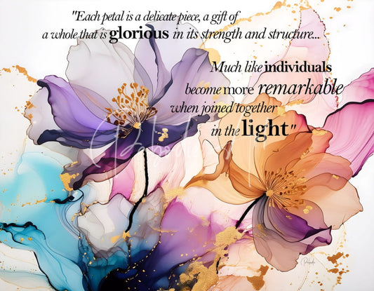 Joined together in the light vibrant abstract floral artwork with flowing purple pink orange petals and gold accents