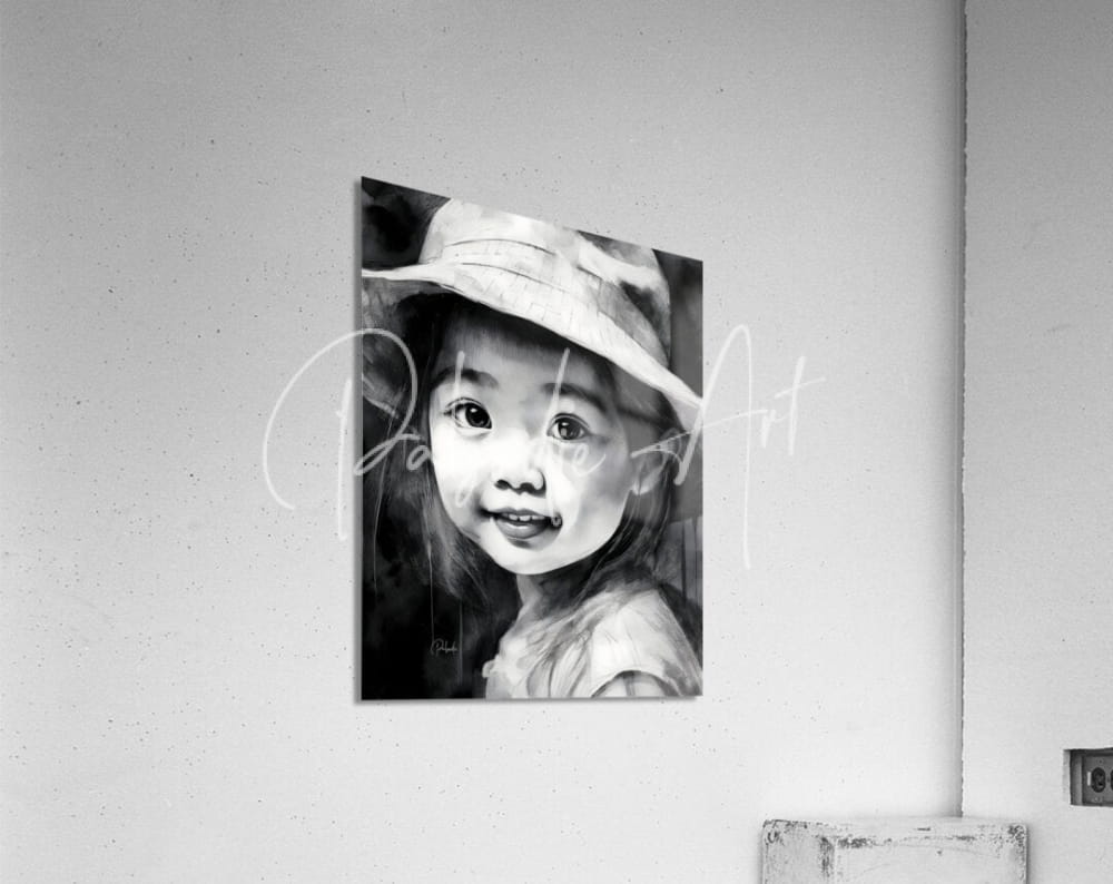 Black and white portrait painting of a smiling child wearing a hat mounted on an acrylic print titled kimmie