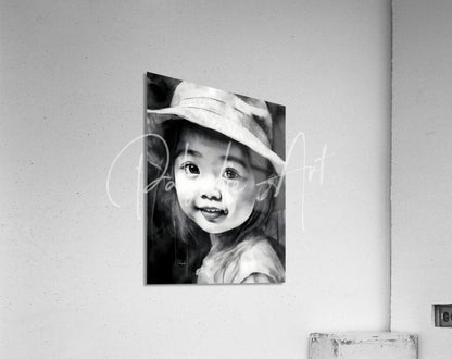 Black and white portrait painting of a smiling child wearing a hat mounted on an acrylic print titled kimmie