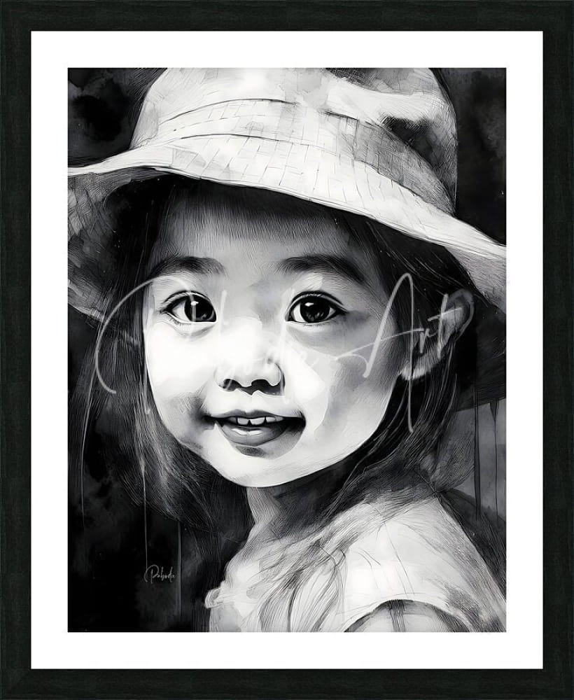 Black-and-white framed portrait of a smiling child wearing a wide-brimmed hat in the kimmie product line