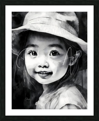Black-and-white framed portrait of a smiling child wearing a wide-brimmed hat in the kimmie product line