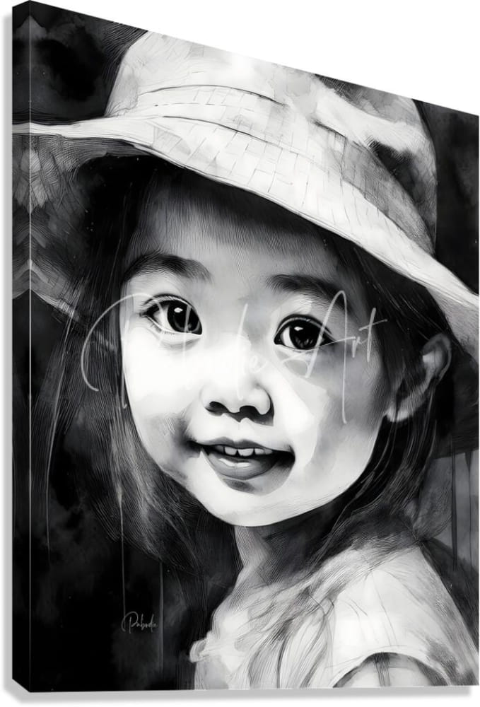 Black-and-white canvas print kimmie featuring a smiling child wearing a wide-brimmed hat in portrait style