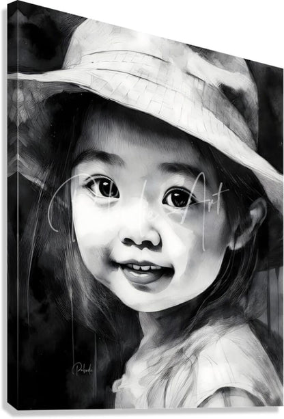 Black-and-white canvas print kimmie featuring a smiling child wearing a wide-brimmed hat in portrait style
