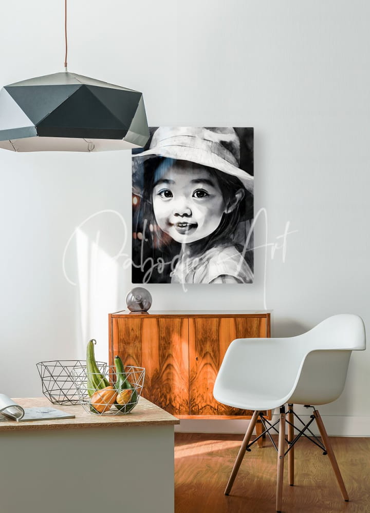 Black-and-white canvas portrait of a smiling child wearing a hat titled kimmie for wall decor