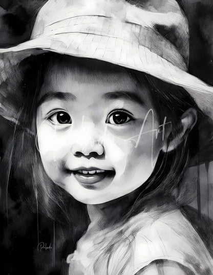 A detailed black and white sketch of a young girl wearing a wide brimmed hat in the product kimmie