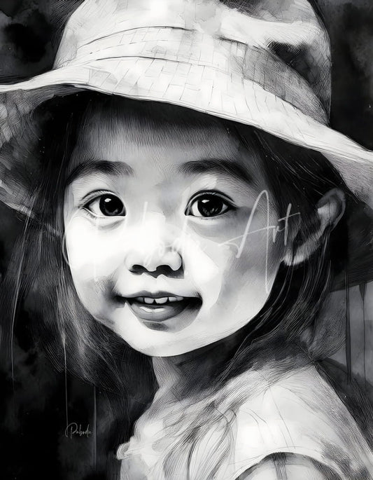 A detailed black and white sketch of a young girl wearing a wide brimmed hat in the product kimmie