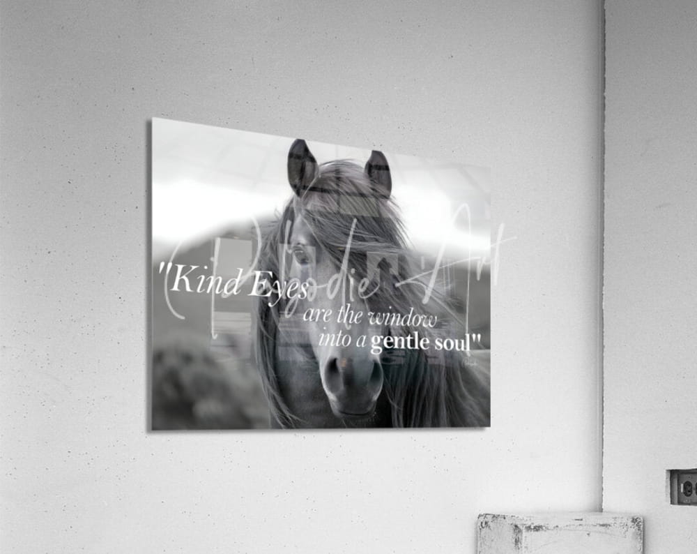 Black-and-white acrylic print titled Kind eyes featuring a horse face and the quote kind eyes are the window into a gentle soul