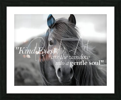 Black-framed art print featuring a monochrome horse portrait with blue ears and the quote kind eyes are the window into a gentle soul