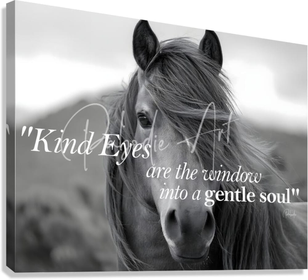 Black and white canvas print of a close up horse face with kind eyes text titled kind eyes for home decor