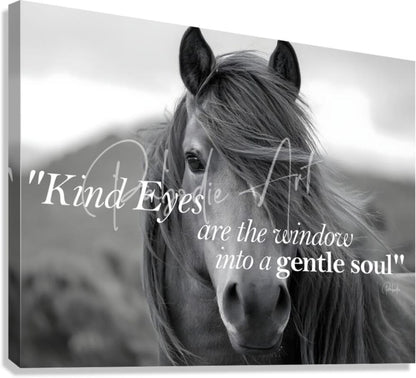 Black and white canvas print of a close up horse face with kind eyes text titled kind eyes for home decor