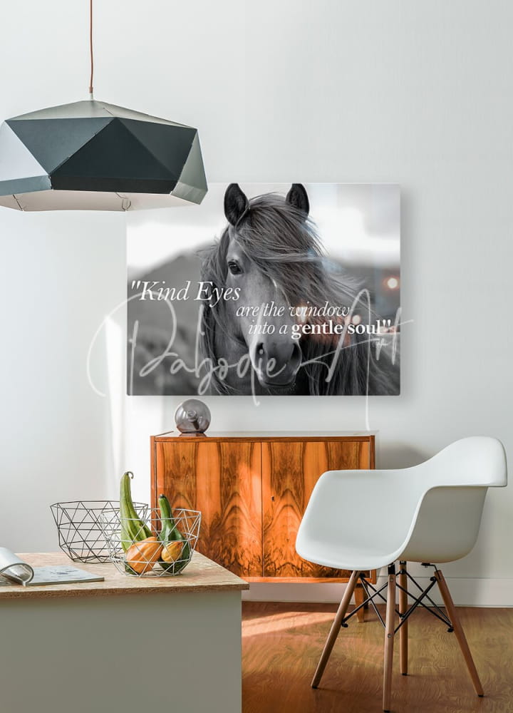 Black-and-white canvas print featuring a close-up of a horse’s face with kind eyes quote in elegant script titled kind eyes