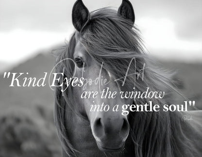 Black-and-white portrait of a horse with kind eyes and flowing mane featured in the product titled kind eyes