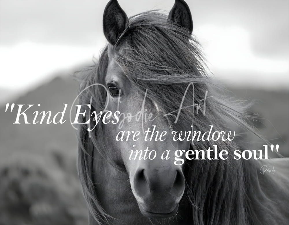 Black-and-white portrait of a horse with expressive eyes and flowing mane for kind eyes product design