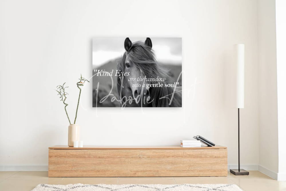 Black and white canvas print featuring a horse with flowing mane and kind eyes quote by dagobert titled kind eyes
