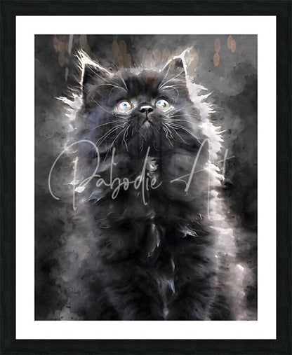 Black watercolor painting of a fluffy kitten with glowing eyes framed in black titled kitten discovering the world