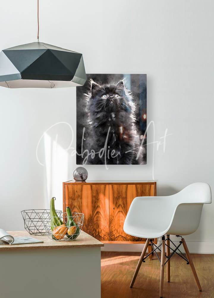 Kitten discovering the world black fluffy cat portrait canvas art featuring a soft textured print for home decor