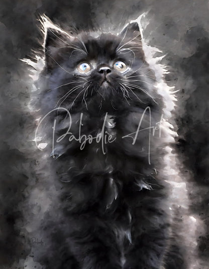 A watercolor painting of a fluffy black kitten with blue eyes and white-tipped fur in kitten discovering the world