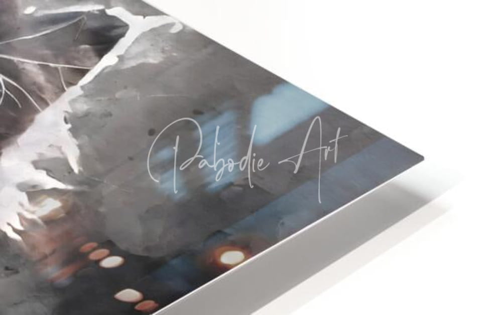 A sleek modern abstract art print titled Kitten Discovering The World with dark gray blue watercolor and white splatters