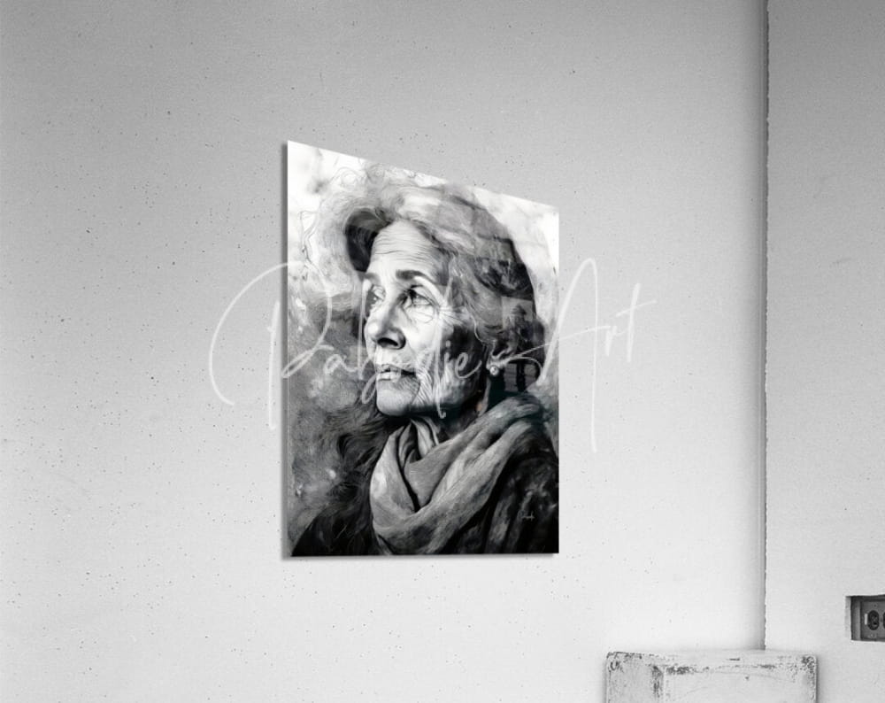 Black-and-white acrylic print titled knowledge of her years featuring a textured portrait of a woman with soft shading