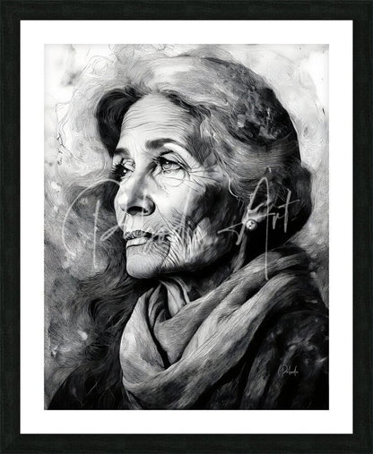 Black-and-white charcoal portrait of an elderly woman in a scarf framed in black with white matting titled knowledge of her years