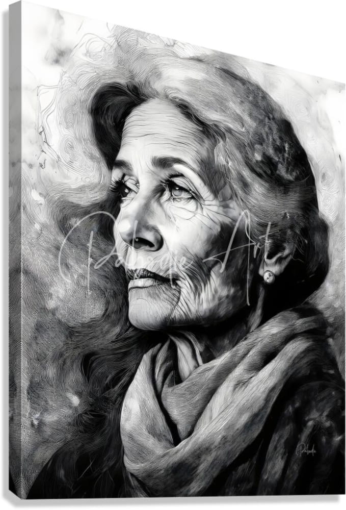 Black-and-white canvas print titled knowledge of her years featuring a detailed portrait of an elderly woman wrapped in a scarf