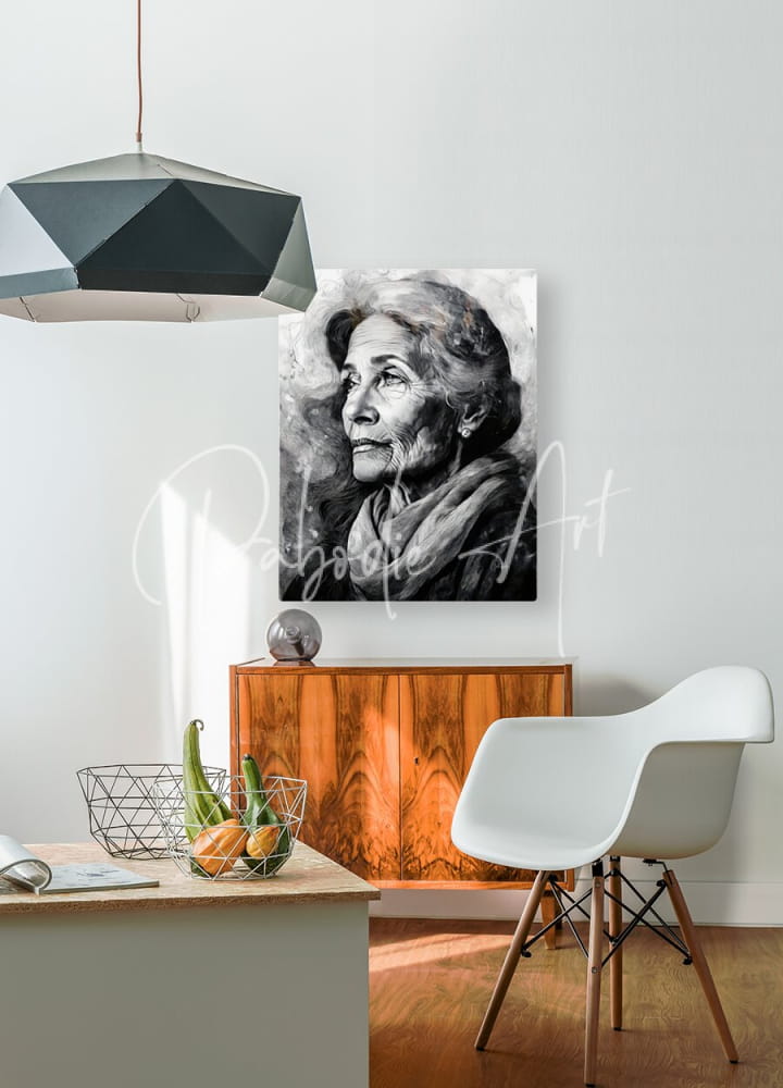 Black-and-white portrait canvas of an elderly woman with textured brushstrokes and a scarf mounted on a white wall