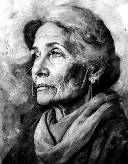 A detailed black and white sketch portrait of an elderly woman with expressive eyes and a draped scarf titled knowledge of her years