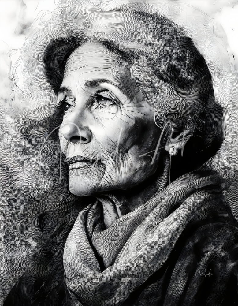 A detailed black and white sketch portrait of an elderly woman with expressive eyes featured in knowledge of her years