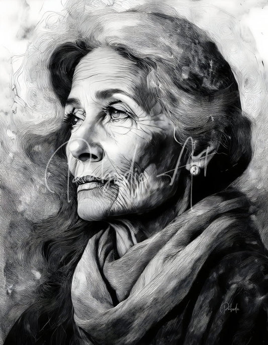 A detailed black and white sketch portrait of an elderly woman with expressive eyes featured in knowledge of her years