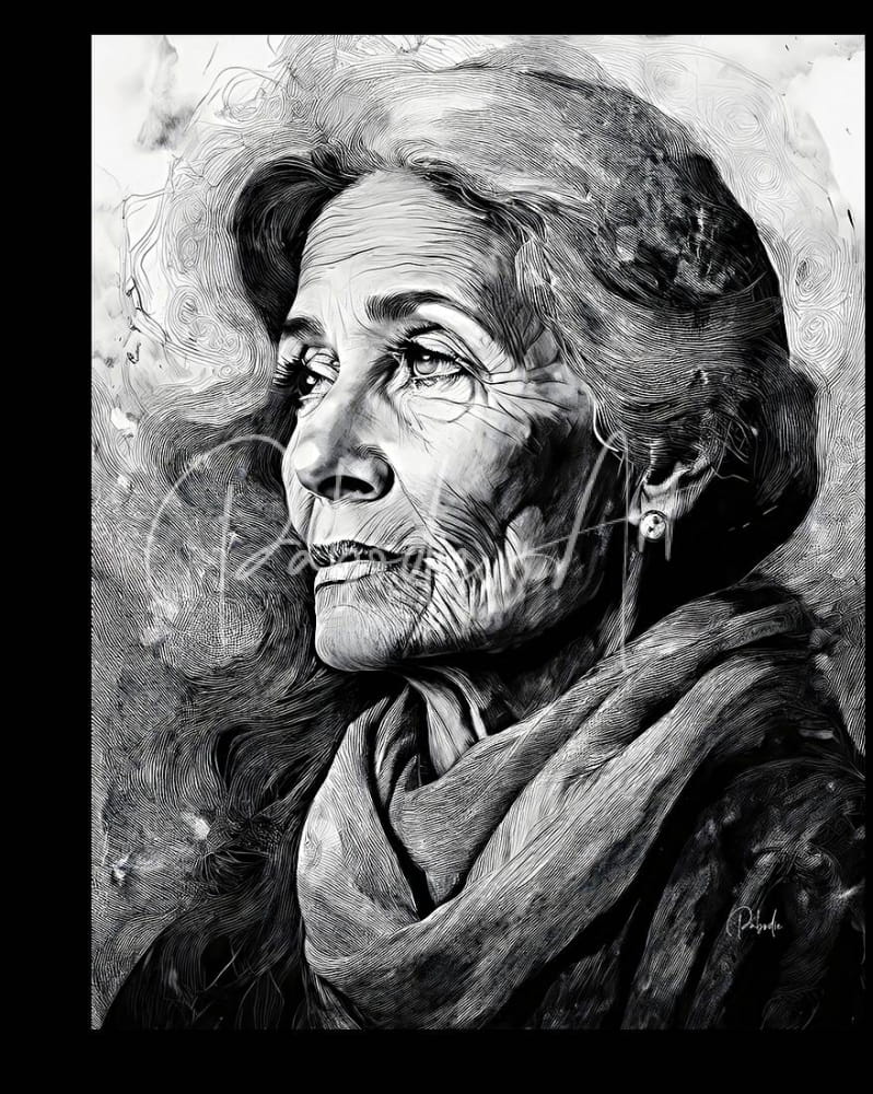 A detailed black and white sketch of an elderly woman with expressive eyes and a scarf in knowledge of her years product