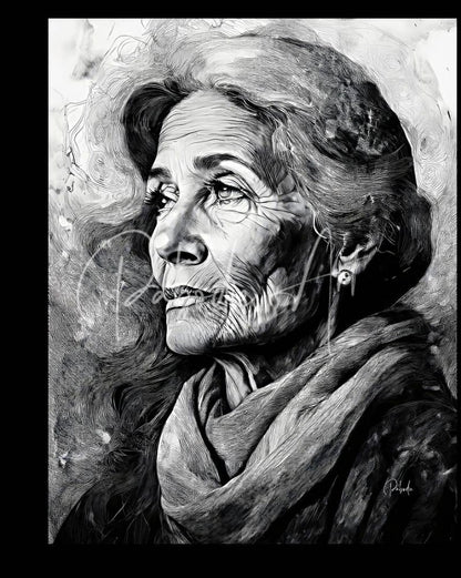 A detailed black and white sketch of an elderly woman with expressive eyes and a scarf in knowledge of her years product