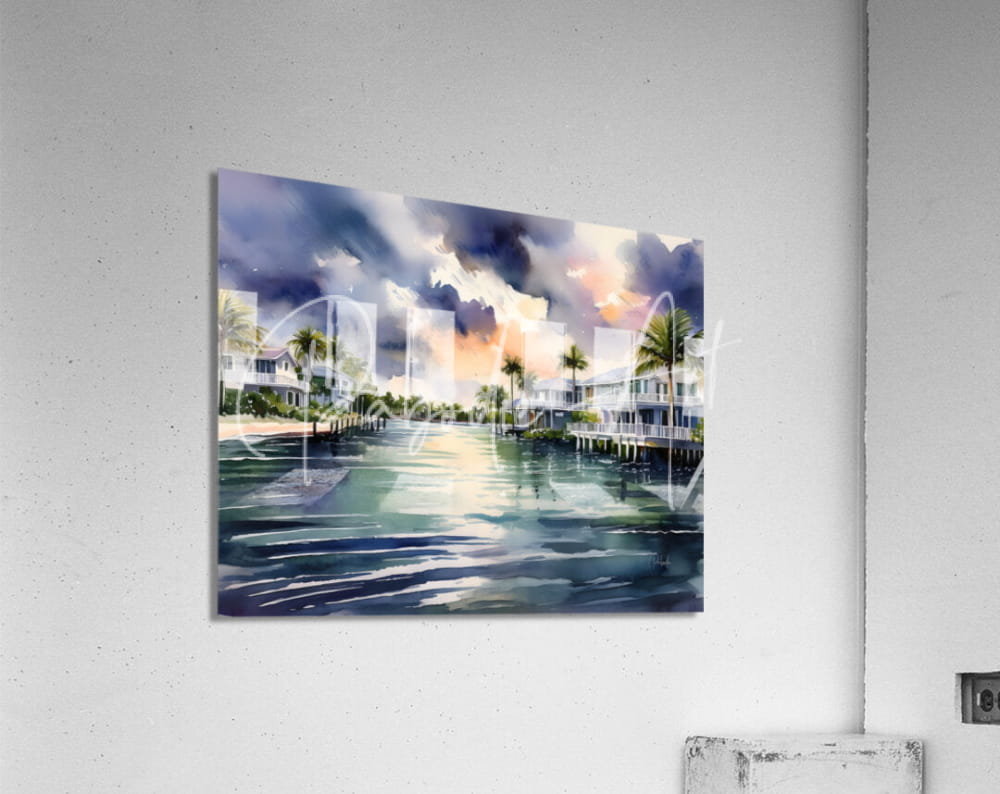 Watercolor painting titled life in the florida keys showing a serene waterfront with white houses palm trees and reflective water